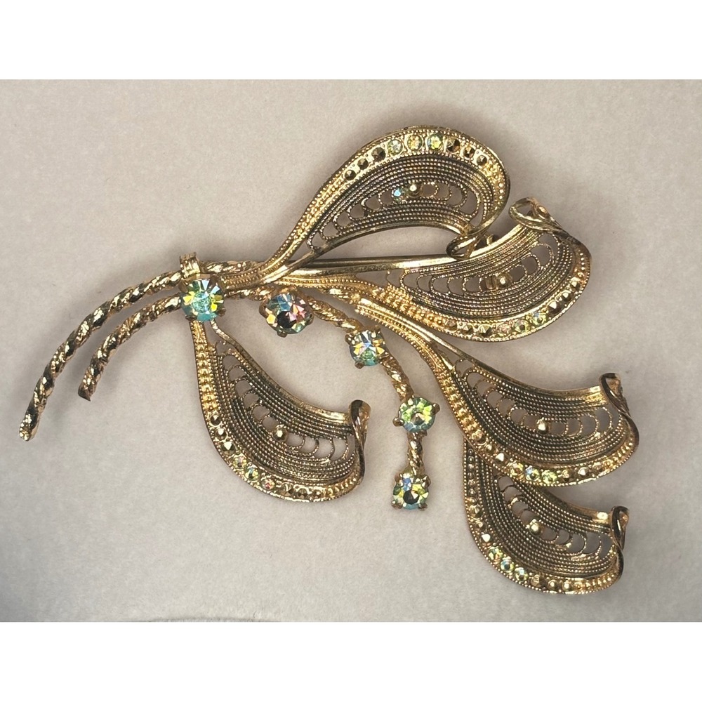 1950s Gold Tone Filigree Mid Century Brooch Western Germany AB Rhinestone Spray